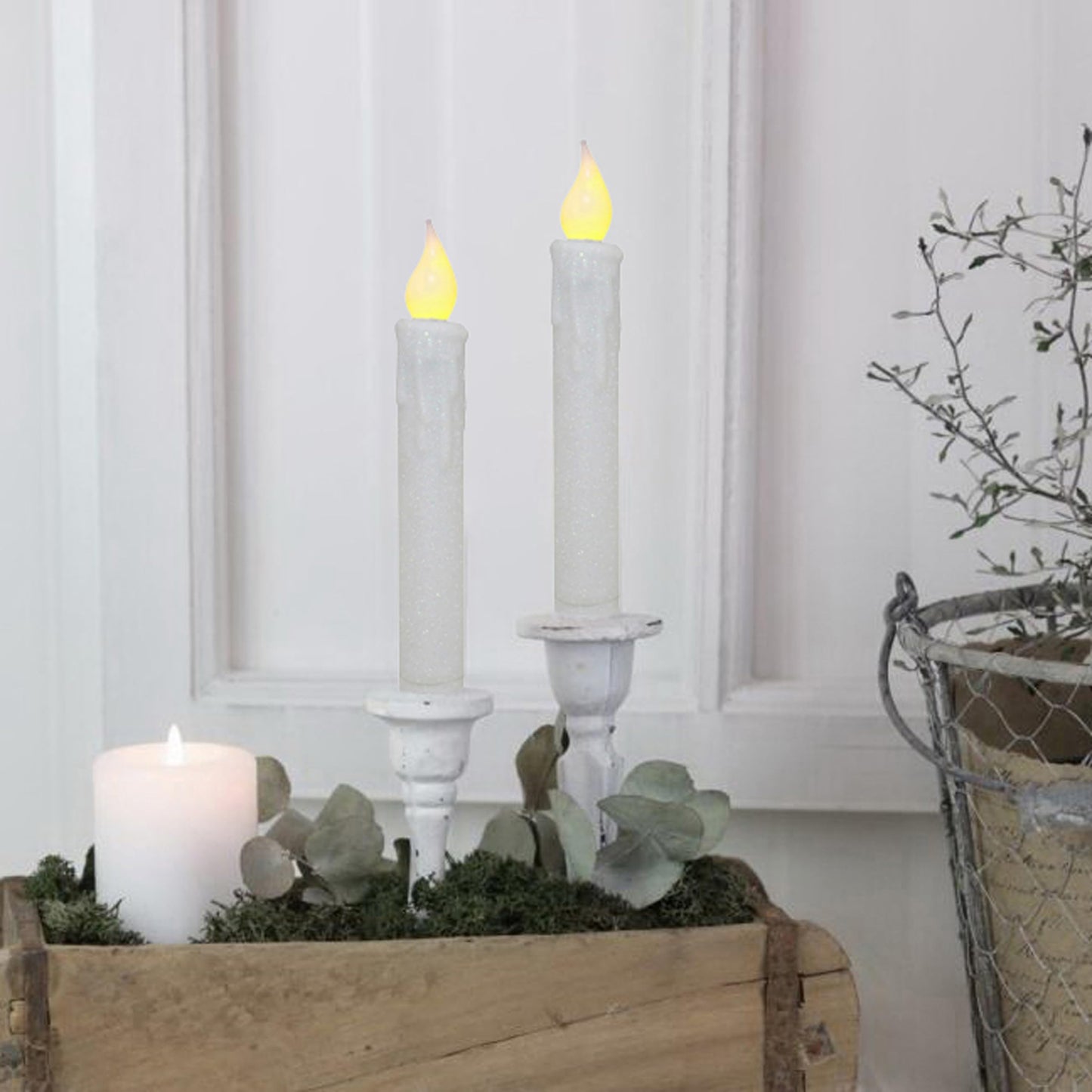 CVHOMEDECO. Glitter Flameless Candles Flickering Battery Operated LED Taper Candles with Timer for Home, Wedding, Halloween, Christmas Decor. Glitter White, 6-3/4 Inch, Set of 2