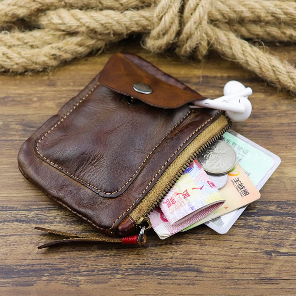 Wugebud 1 Pcs Leather Zipper Coin Purse Wallet With Card Slots, Snap Coin Organizer, Change Holder,Card Case, Leather Zipper Storage Bag for Men & Women