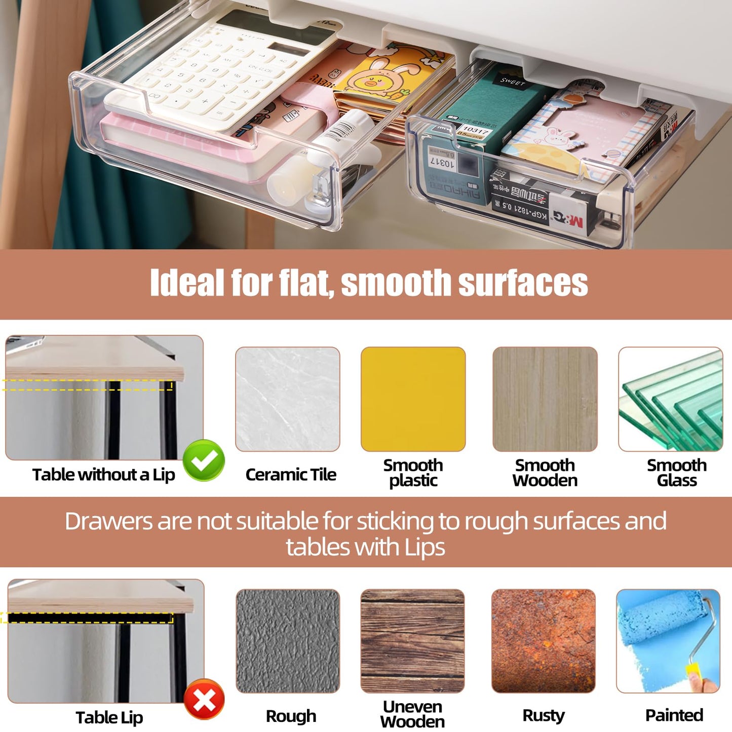 TooCust 2 Pack Under Desk Storage Drawers Slide Out-Drill-On or Self-Adhesive,Large&Medium Drawer Under Desk Organizer Under Table Drawer for Home Office School Organization and Storage