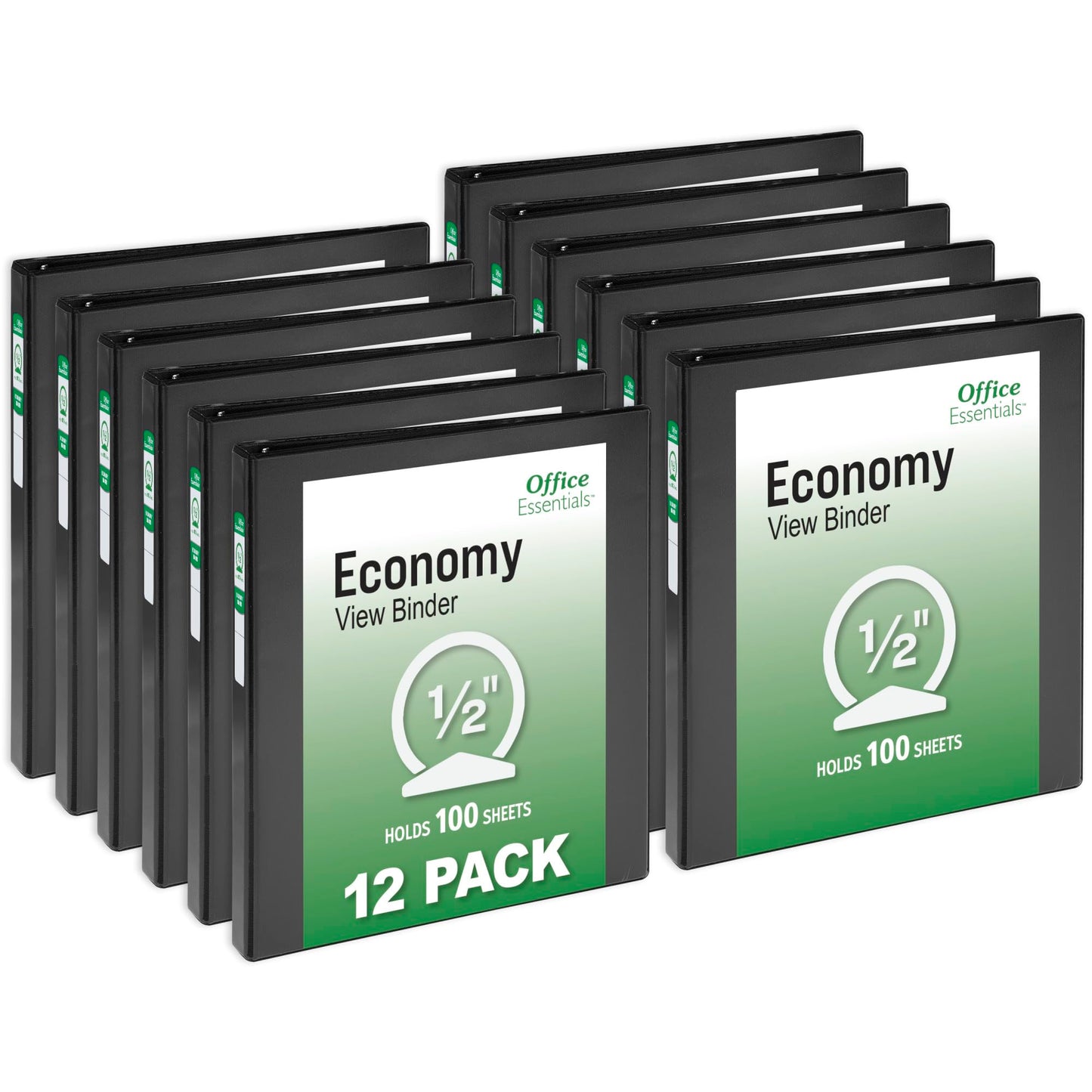 Office Essentials Economy View 3 Ring Binders, 0.5" Round Rings, 0.7" Spine, 100-Sheet Capacity, Black Binders (12-Pack of 03423)