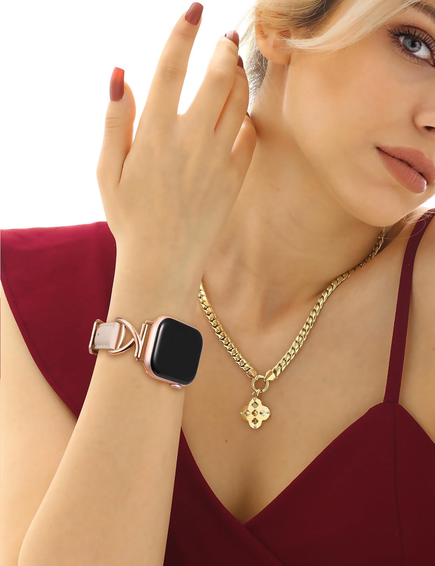 Minyee Leather Band Compatible with Apple Watch Bands 38/40/41/42mm Women,Dressy Premium Leather Strap with A-Shape Metal Buckle for iWatch Series 11 10 9 8 7 6 5 4 SE/Ultra 3 2 1,Starlight/Rose Gold