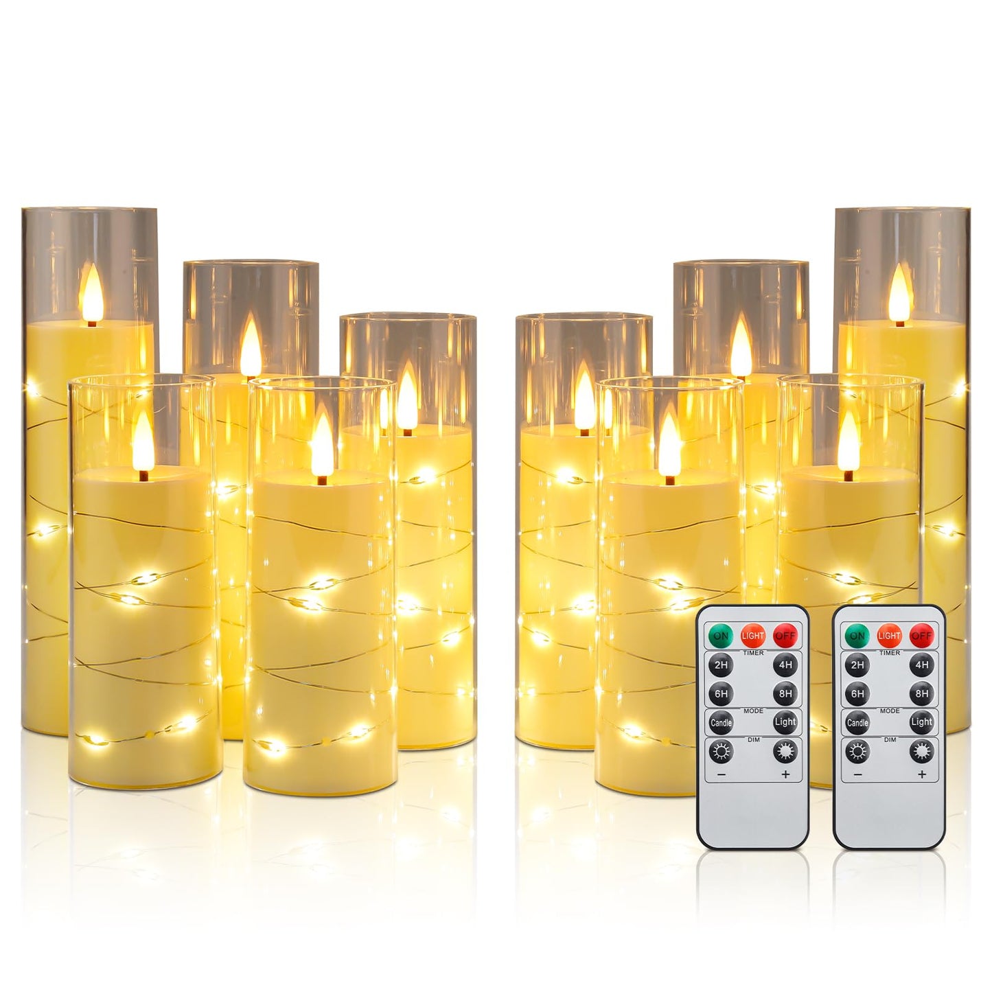 Enido 10 Pc Flameless LED Candles with Remote & Timer, Battery Operated Acrylic Pillar Set, Flickering Electric Lights with Embedded Star String for Cozy Home & Holiday Romantic Decor (Matte Clear)
