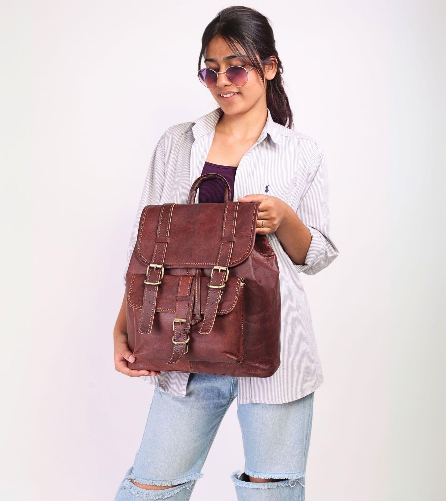 Lakshigo Womens Leather Backpack Purse – 14" Brown Vintage Genuine Leather Drawstring Rucksack Ladies Leather Bookbag for Work, Travel & Everyday Use (Brown)