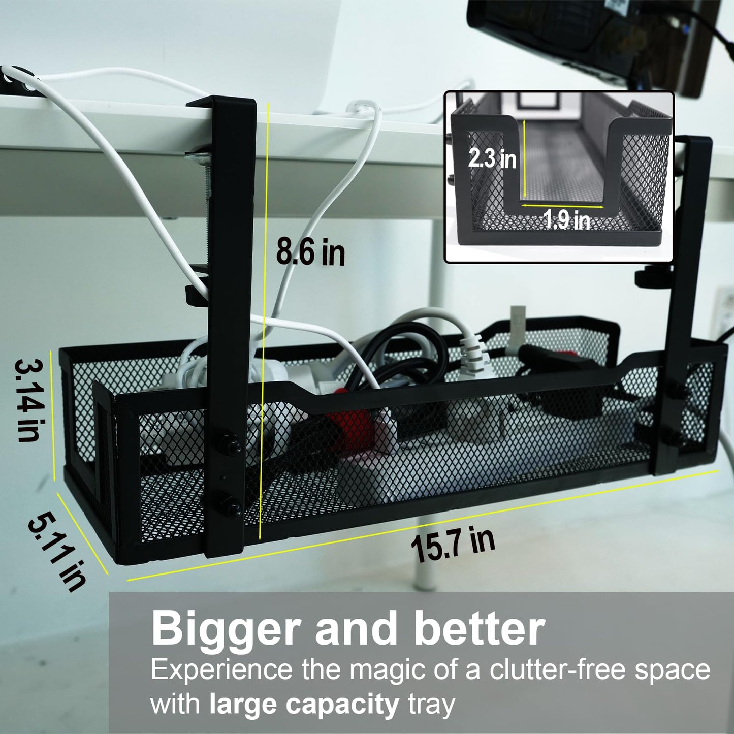 No Drill Under Desk Cable Management Tray with clamp-Premium Wire Tray Cord Organizer – Thin Steel Cable Tray Basket with Charger Holder for Desk–Black Cable Management Box–Easy to Install