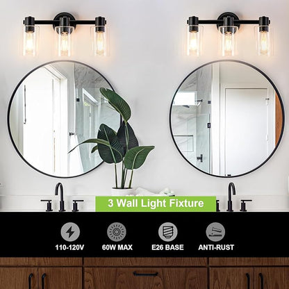 3 Light Bathroom Wall Light Fixtures Black Bathroom Wall Sconce with Clear Glass Lights Over Mirror Vanity Lights E26 Base