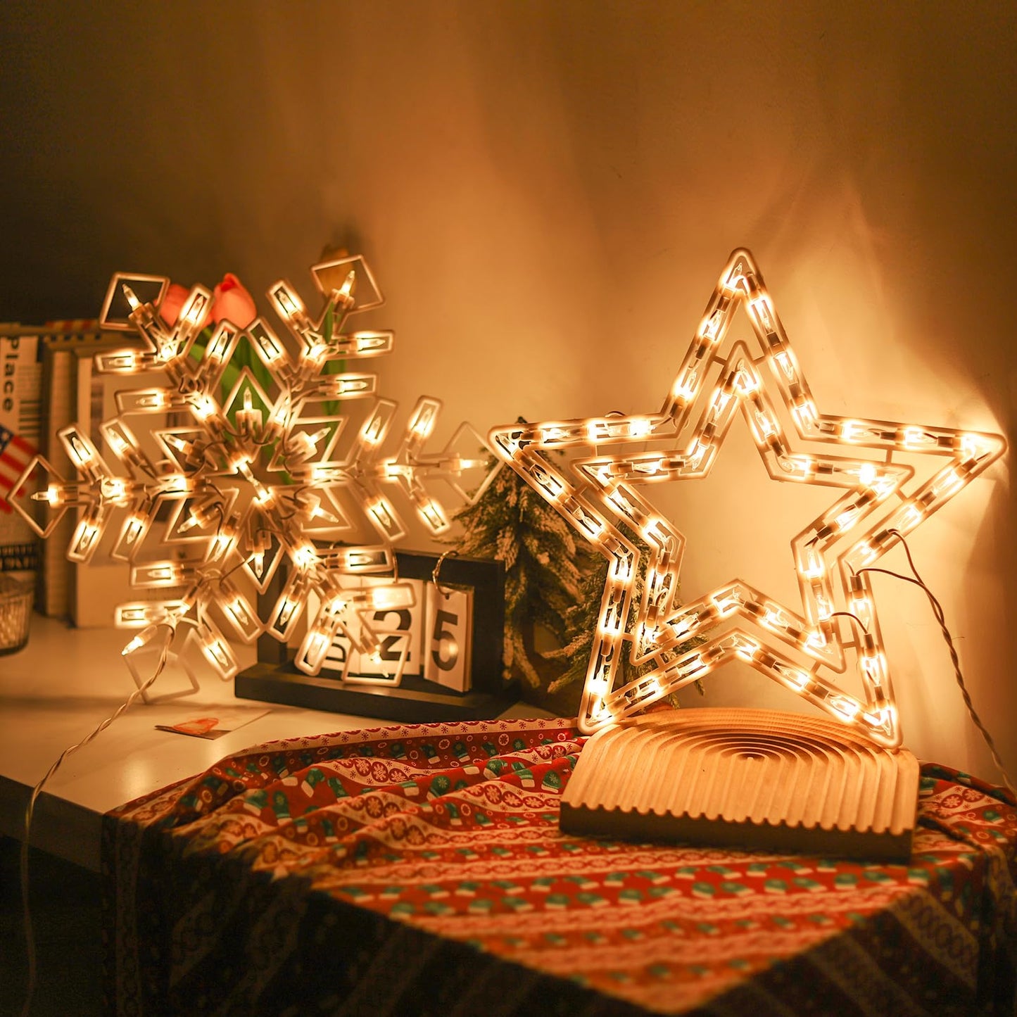 Xmasnova 2 Pack Christmas Window Lighted Decorations,Christmas Window Silhouette Lights,Double Side Sign Lamp Decoration for Holiday Indoor Wall Door Glass Decorations,Star，Snowflake