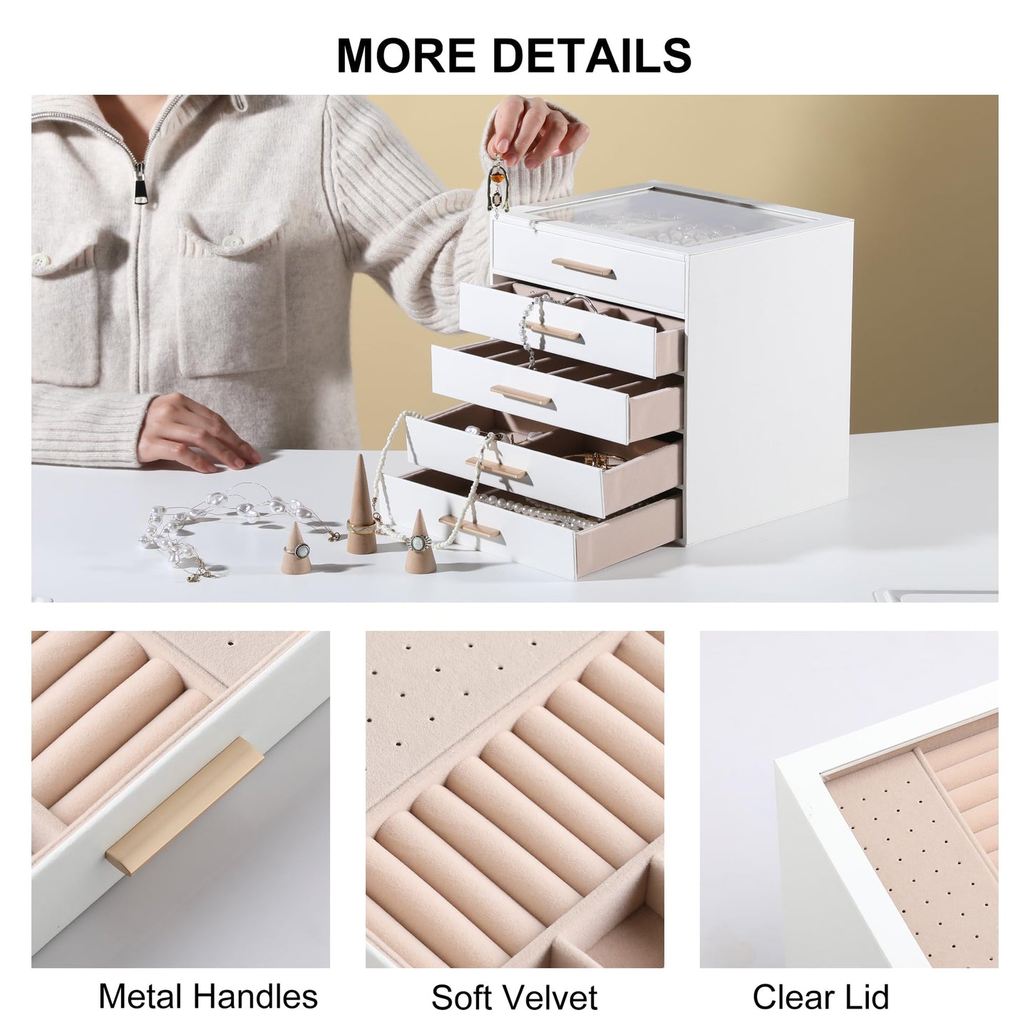 Frebeauty Clear Lid Jewelry Box,5-Layer Jewelry Organizer with Drawer,PU Leather Jewelry Organizers and Storage,Jewelry Boxes for Women,Jewelry Storage for Rings Earring Stud,Gift for Women(White)