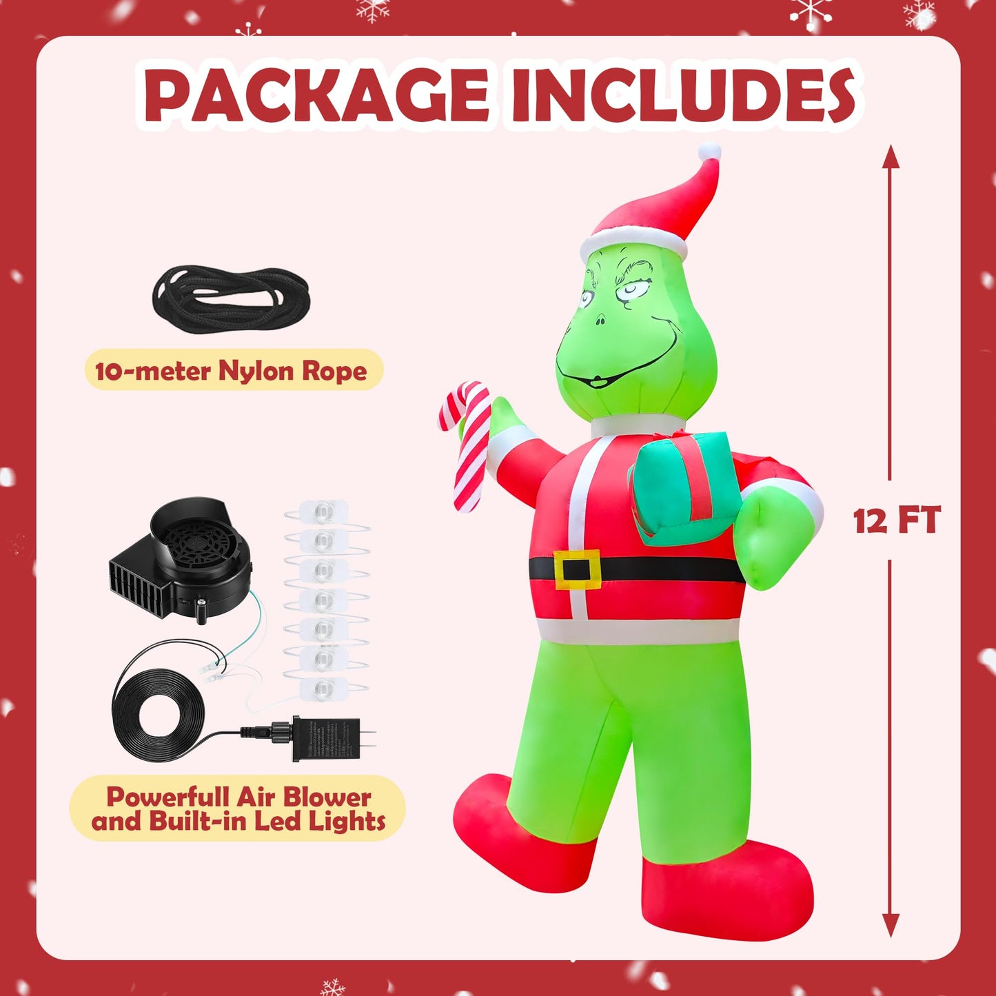 eLUUGIE 12ft Giant Christmas Inflatable Yard Decor Green Santa Monster Build-in LED Outdoor Blow up Christmas Decorations for Yard/Lawn/Garden