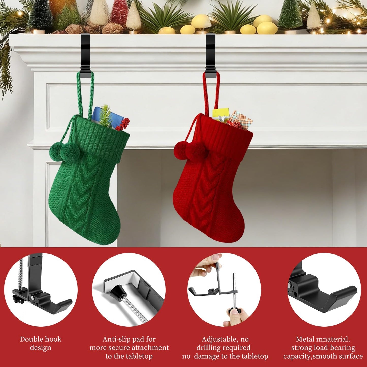 4-Pack Christmas Mantel Stocking and Wreath Hangers, 2 in 1 Mantel Wreath Holder for Hanging Christmas Stockings, No Drilling Required, Adjustable Thickness Wreath and Stocking Holder,Fold(Gray)
