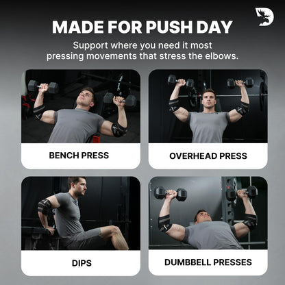 DMoose Fitness Elbow Wraps for Weightlifting (Pair) - 40'' Adjustable Elbow Strap for Gym Workout, Bench Press & Powerlifting - Compression Wraps for Tendonitis & Joint Support (Tan)