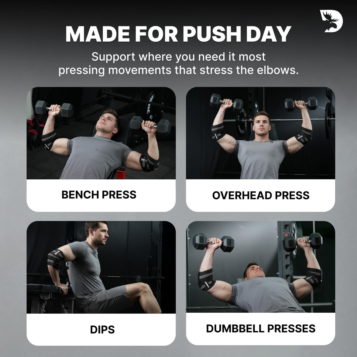 DMoose Fitness Elbow Wraps for Weightlifting (Pair) - 40'' Adjustable Elbow Strap for Gym Workout & Bench Press, Compression Elbow Wraps for Tendonitis & Joint Support, Elbow Sleeve (White Stripes)