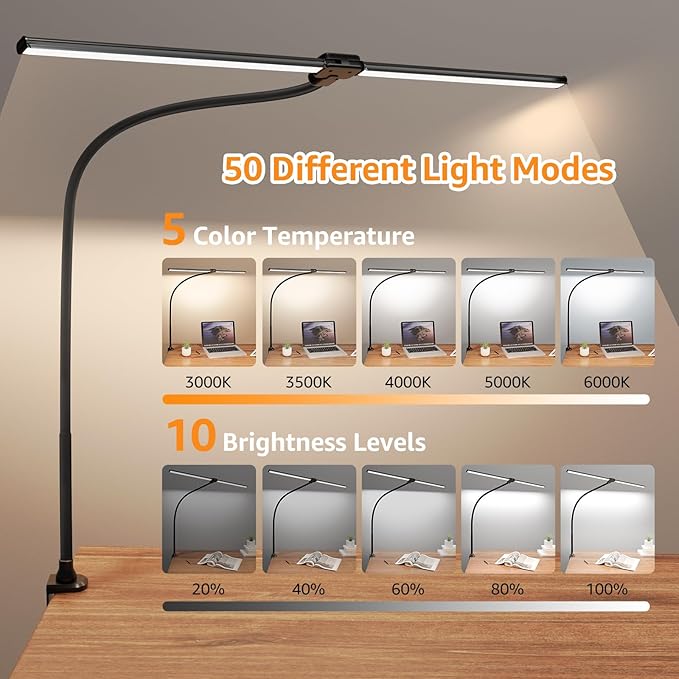 ShineTech Led Desk Lamp for Office Home, Bright Double Head Desk Light with Clamp, Architect Task Lamp 50 Lighting Modes Adjustable Flexible Gooseneck Lamp