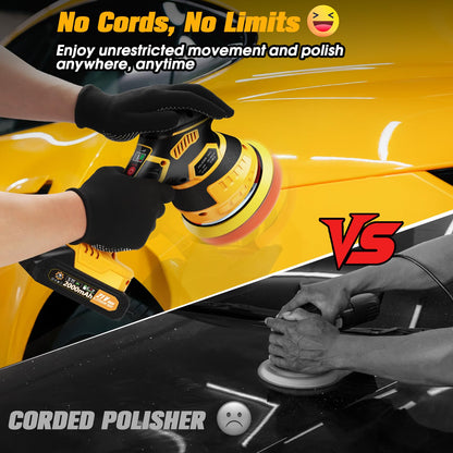 Niusken Cordless Car Buffer Polisher kit [2x 2000mAh 21V Batteries & 18 PCS Attachments] 6-Speed Orbital Design, LED Display, Lightweight Detailing Tool for Waxing, Polishing & Scratch Removal-Yellow