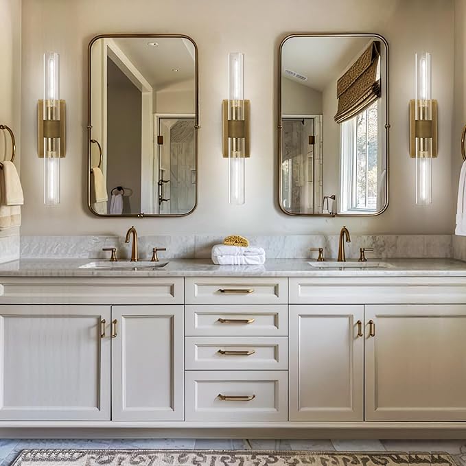Brass Wall Sconces, 22.8" Bathroom Light Fixtures, Gold Wall Sconces Set of 2, 2-Light Dimmable Wall Sconce with Glass, Modern Vanity Light Up and Down Wall Lighting for Living Room Hallway