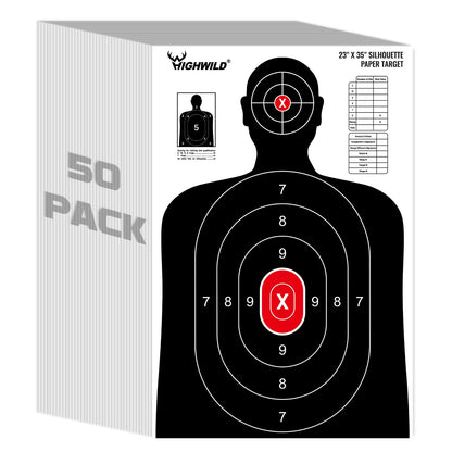 Highwild Shooting Range Silhouette Paper Target - 23X35 Inches - Suitable for Handguns, Rifles, Airguns, BB Guns (50 Pack, White & Black)