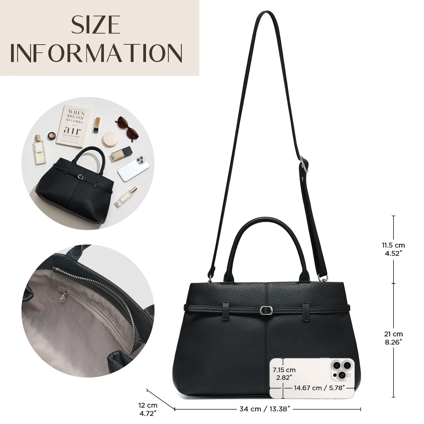 CHUNLI Satchel Purses for Women, Medium Crossbody Handbag with Detachable Shoulder Straps, Ladies Vegan Leather Top Handle Work Bags, Black