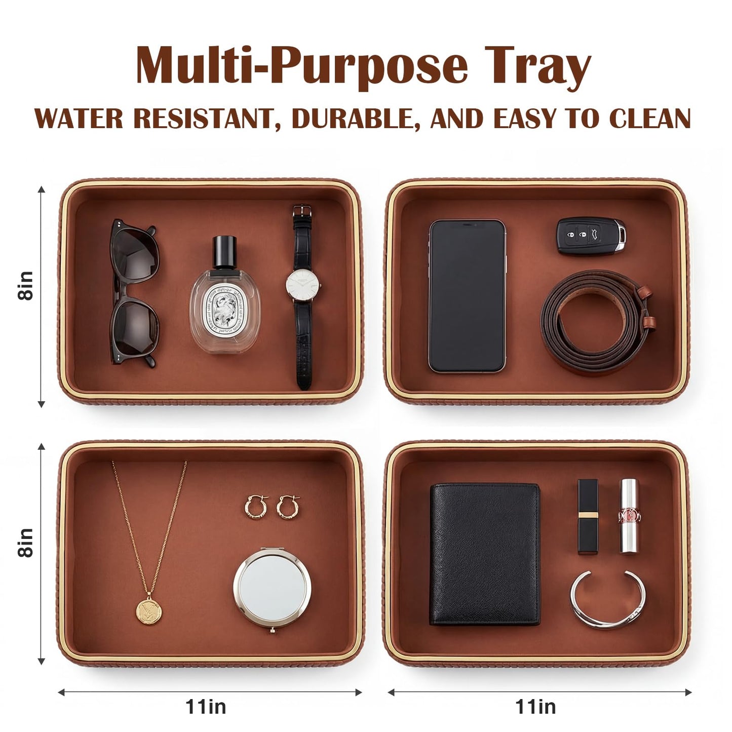 Fiwochic PU Leather Valet Tray 11 x 8 x 1.75 Inch Desktop Storage Organizer Catchall Bedside Table Tray Nightstand Caddy Holder for Men Women Gift for Key Bowl Wallet Phone Coin Vanity Perfume