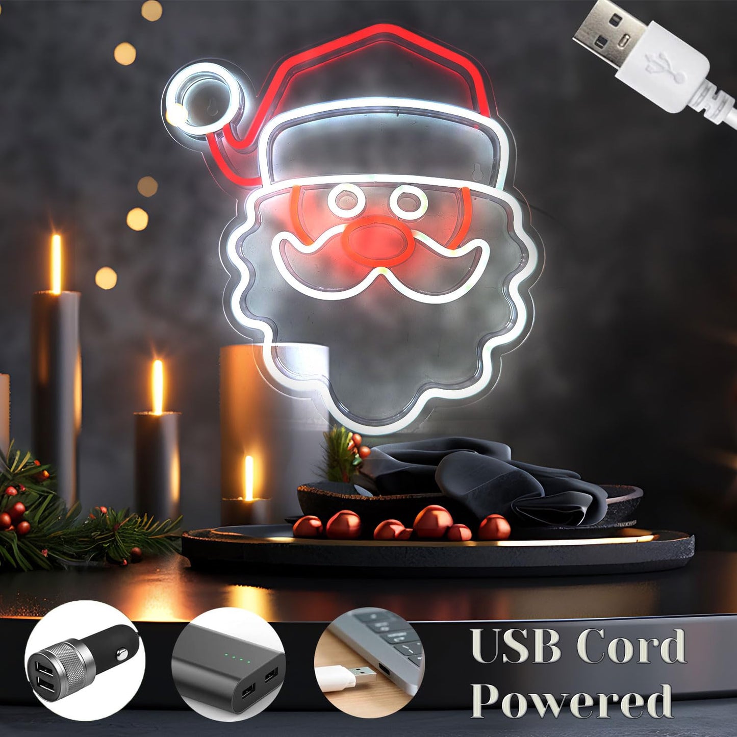 Christmas Santa Claus Neon Sign Lights Red White Led Night Light Acrylic Board USB Plug-in Anime Signs Decorations for Aesthetic Bar Wall Bedroom Decor for Kid Adult Christmas Gifts