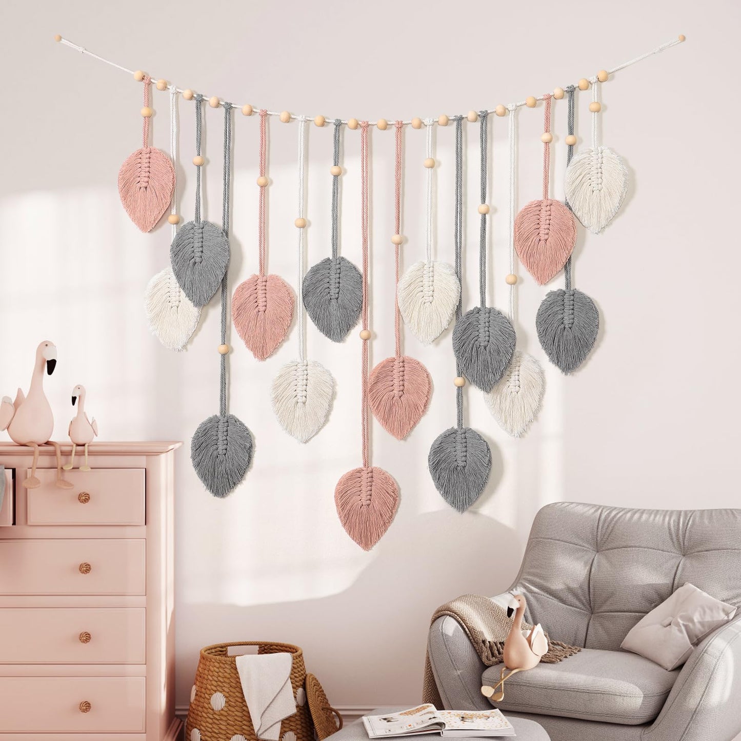 Betylifoy Macrame Wall Hanging Boho Leaves Tapestry Chic Bohemian Feather Wall Art Decor Handmade Yarn Woven Pink Leaf Tapestry Macrame Wall Decor for Bedroom Living Room Nursery Office Backdrop (Pink Gray)