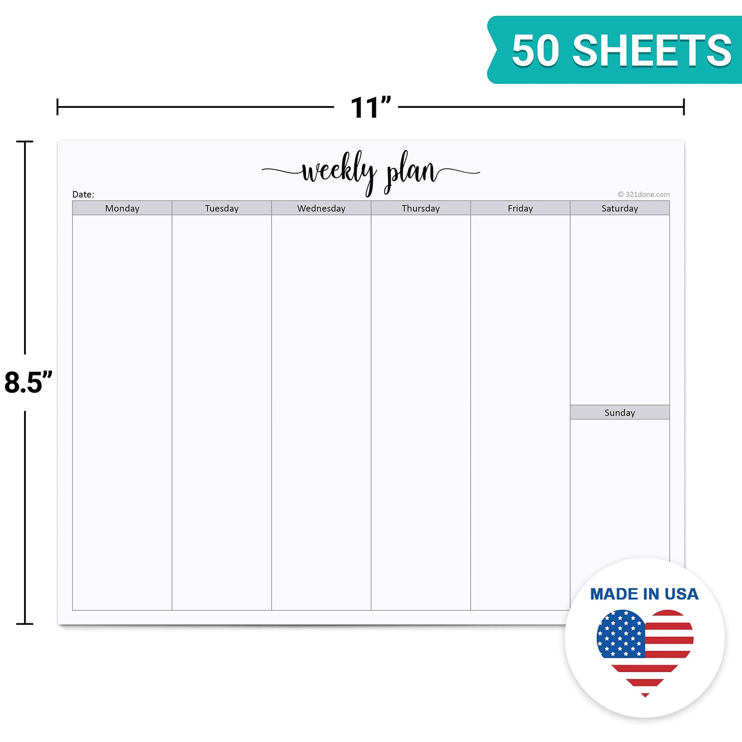 321Done Weekly Planning Notepad - 50 Sheets (8.5" x 11") - Landscape Days of Week Blank Horizontal Desk Planning Pad, Large Letter-Size - Made in USA - Simple Script