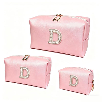 VENCELIN Initial G Pearl Makeup Bag 3Piece, PU Leather Travel Toiletry Pouch, Large Medium Small Portable Organizer for Business Trip Teen Girls