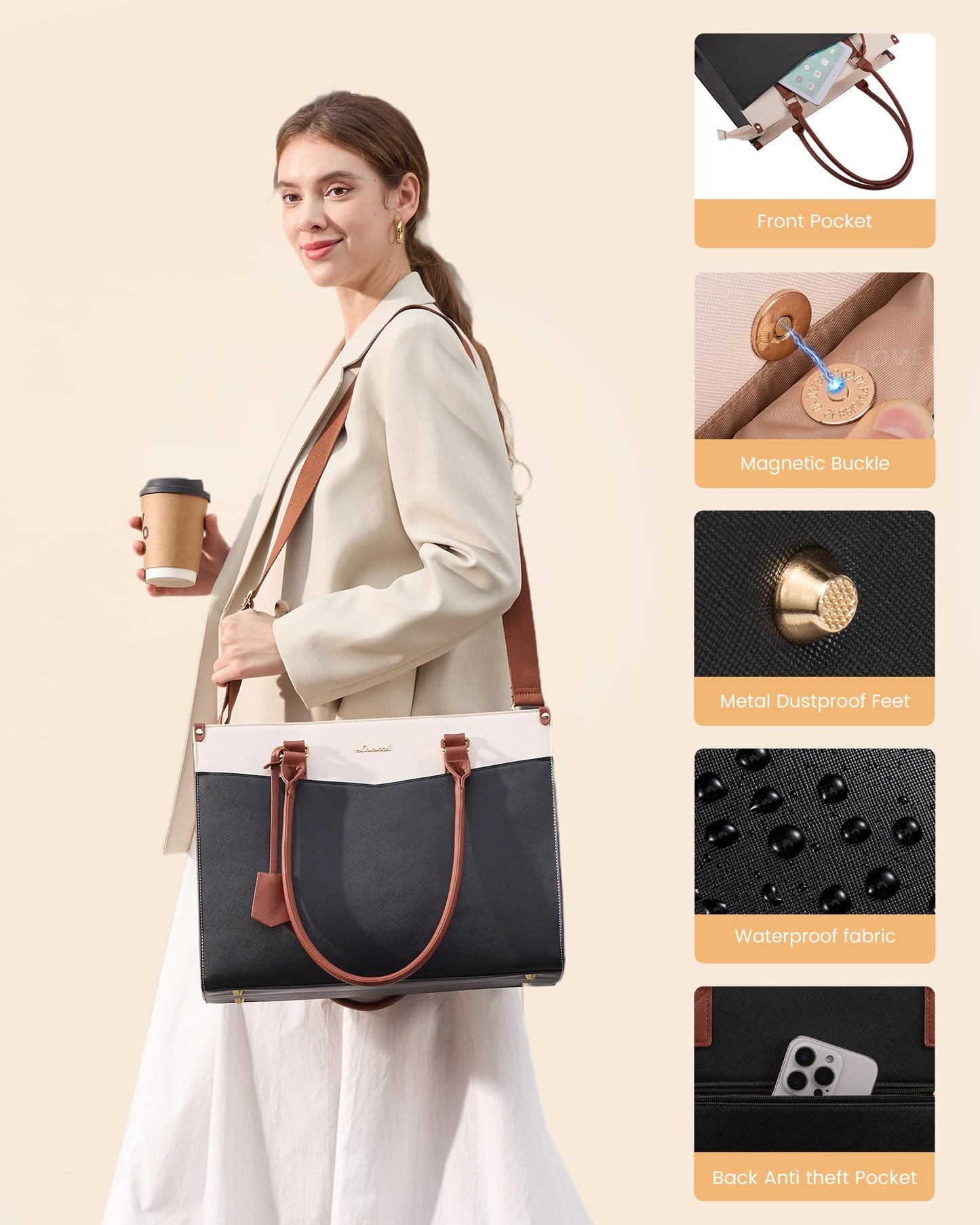 LOVEVOOK Professional Laptop Tote Bag for Women 15.6 inch, 2-in-1 Structured Leather Tote Purse with Clutch & Cup Holder, Large Capacity Work Briefcase for Office Travel, Black-Grey