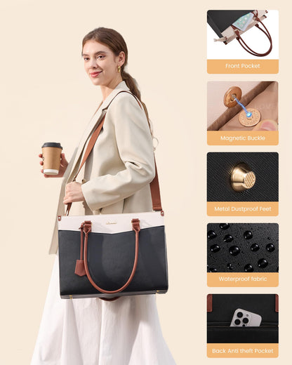 LOVEVOOK Laptop Bag for Women 15.6 Inch, Waterproof Leather Tote Purse with Cup Holder & Elegant Clutch, Multi Pocket Large Capacity Work Briefcase for Office Travel, Black-Beige-Brown