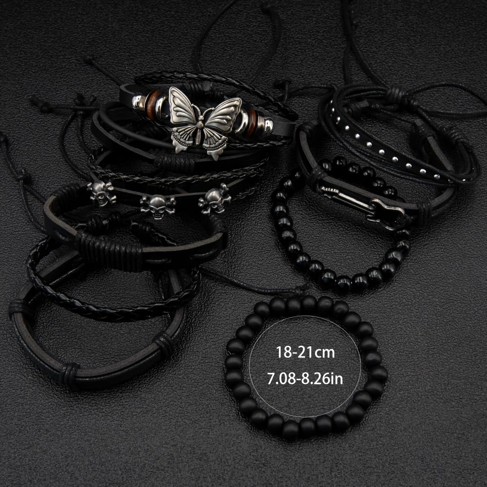 Aijewelop 10pcs/set Black Punk Style PU Leather Bracelet Set - Adjustable Cuff Wraps for Men & Women, Perfect for Casual Attire & Gifting