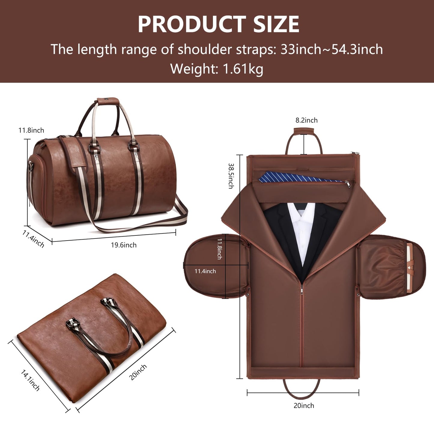 Leather Garment Bags for Travel, Convertible Carry on Garment Duffel Bag for Men, 2 in 1 Waterproof Foldable Travel Suit Bag with Shoulder Strap Weekender Bag with Shoe Pouch