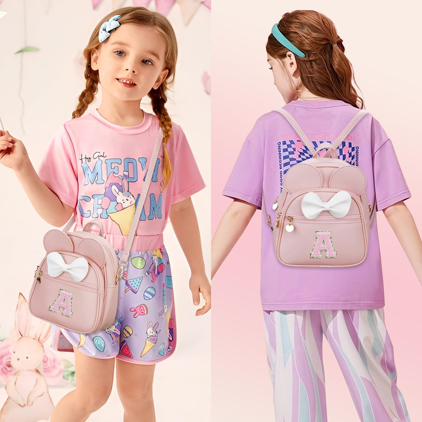KKXIU Girls Initial Bowknot Cute Mini Backpack for Toddler, Travel Small Girl Backpacks, Personalized Birthday Gifts for Little Girls and Kids(A, Pink)