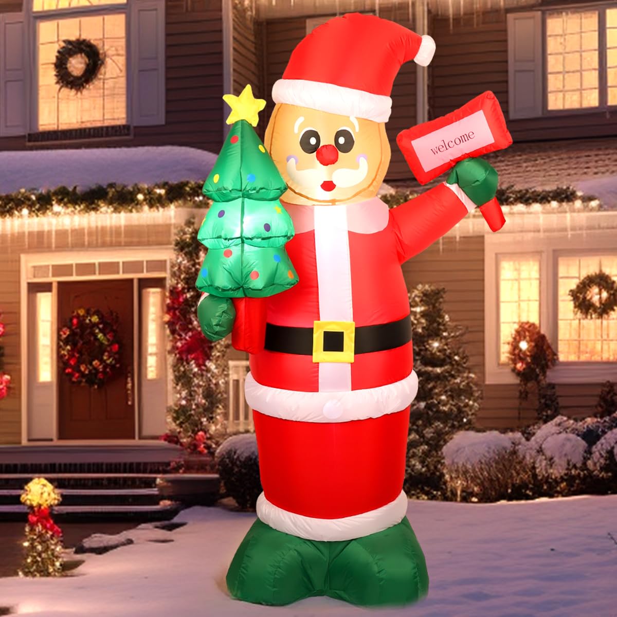 6Ft Christmas Inflatables Santa Gingerbread with LED Lights & Gift Box, Giant Christmas Inflatables Yard Decorations, Xmas Blow Up Santa Claus, Indoor/Outdoor Christmas Decor for Holiday Patio Garden