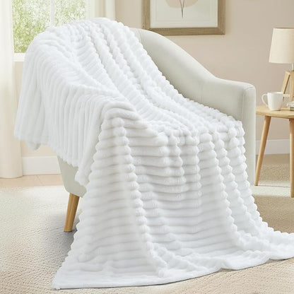 decorUhome Soft Fleece White Twin Blanket for Bed, Cozy Fluffy Plush Flannel Striped Throws for Couch Sofa, Lightweight Decorative Ribbed Fuzzy Blanket for Woman, 60x80 Inches