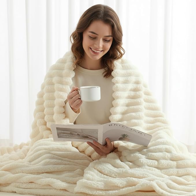 decorUhome Soft Fleece Beige Throw Blanket for Couch, Cozy Fluffy Plush Flannel Striped Blanket for Sofa Bed, Lightweight Decorative Ribbed Fuzzy Blanket for Woman, 50x60 Inches