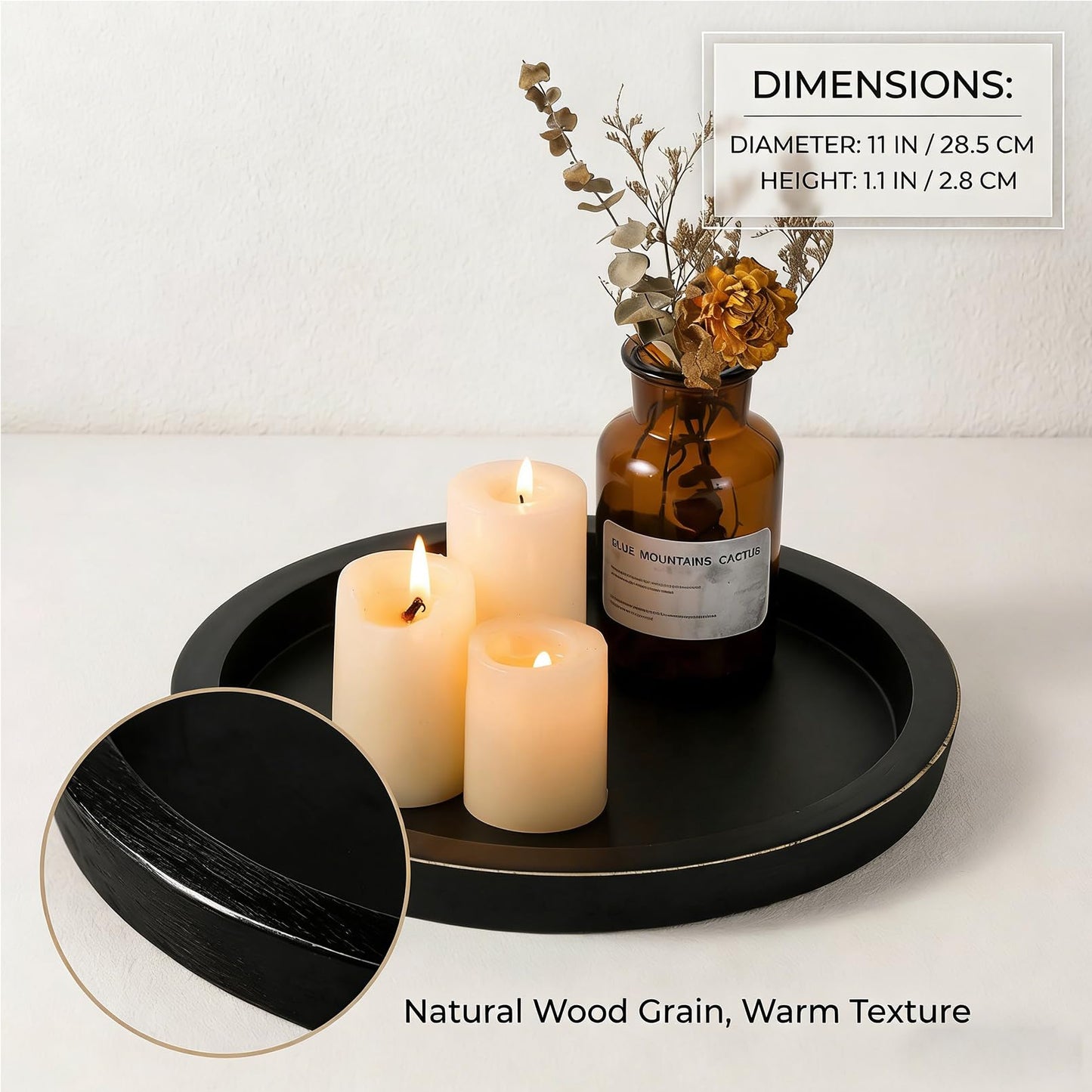 OKSON 3-Pack Round Wooden Candle Plate Holder Trays, Rustic Farmhouse Decorative Round Wood Tray for Coffee Table, Dining, Tealight & Pillar Candles, Party, Wedding, Christmas Home Decor (Black)