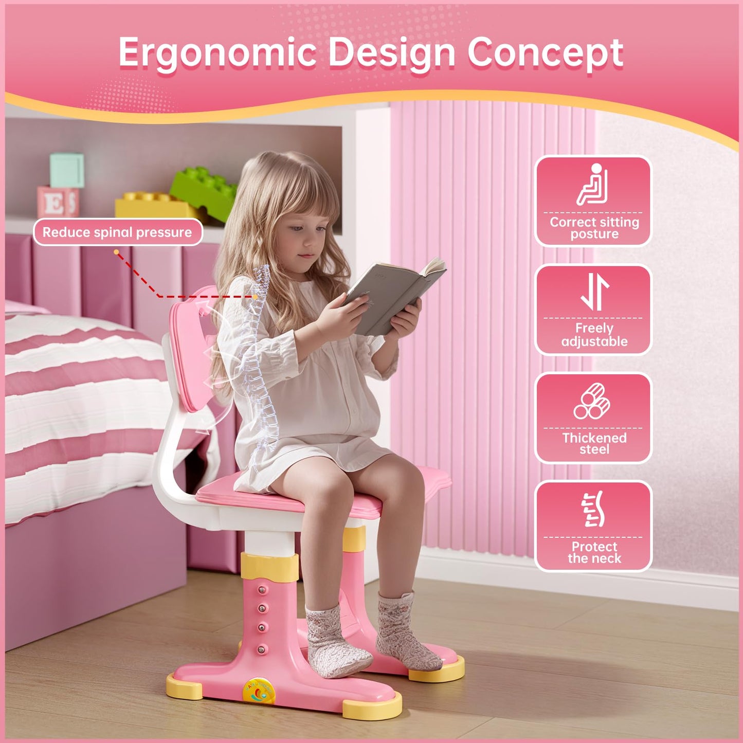 Xaperexi Kids Desk and Chair Set, Height Adjustable Child's School Study Writing Tables, Kids Desk with Bookstand and Storage Drawer, Widened Desktop with Desktop for Boys and Girls (Pink-F)