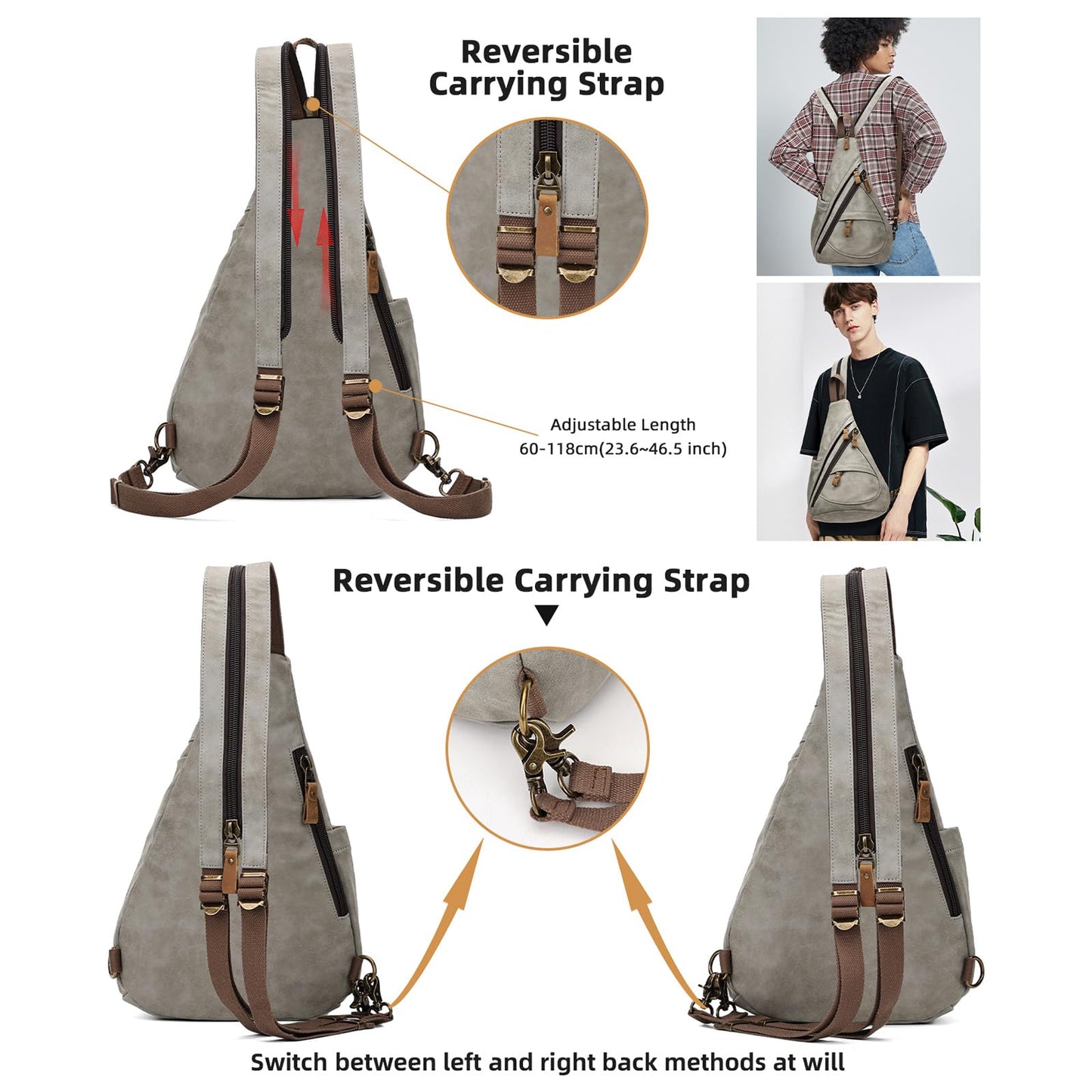 KL928 PU Leather Sling Bag - Small Crossbody Backpack Shoulder Casual Daypack Rucksack for Men Women(Leaden)