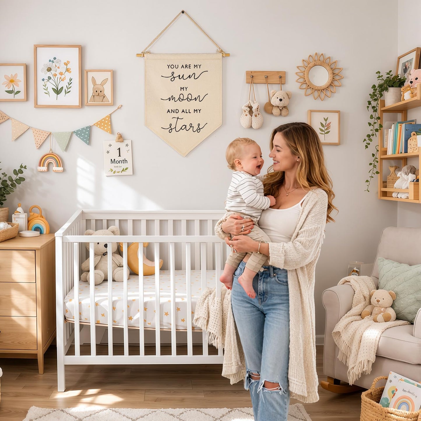 Nursery Wall Art-Nursery Bedroom Gift-My Sun My Moon and All of My Stars-Canvas Hanging Pennant Flag Banner Wall Sign Decor Gift for Baby Girl Boy Kids Room Playroom Decor