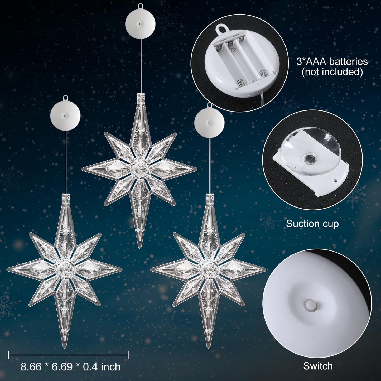 LYUBASA 3Pcs Christmas Window Lights Decorations with Timer,Battery Powered Christmas Window Hanging White Lighted Lucky Star Shaped LED Sucker Lamp for Xmas Tree Fireplace Window Indoor Outdoor Decor