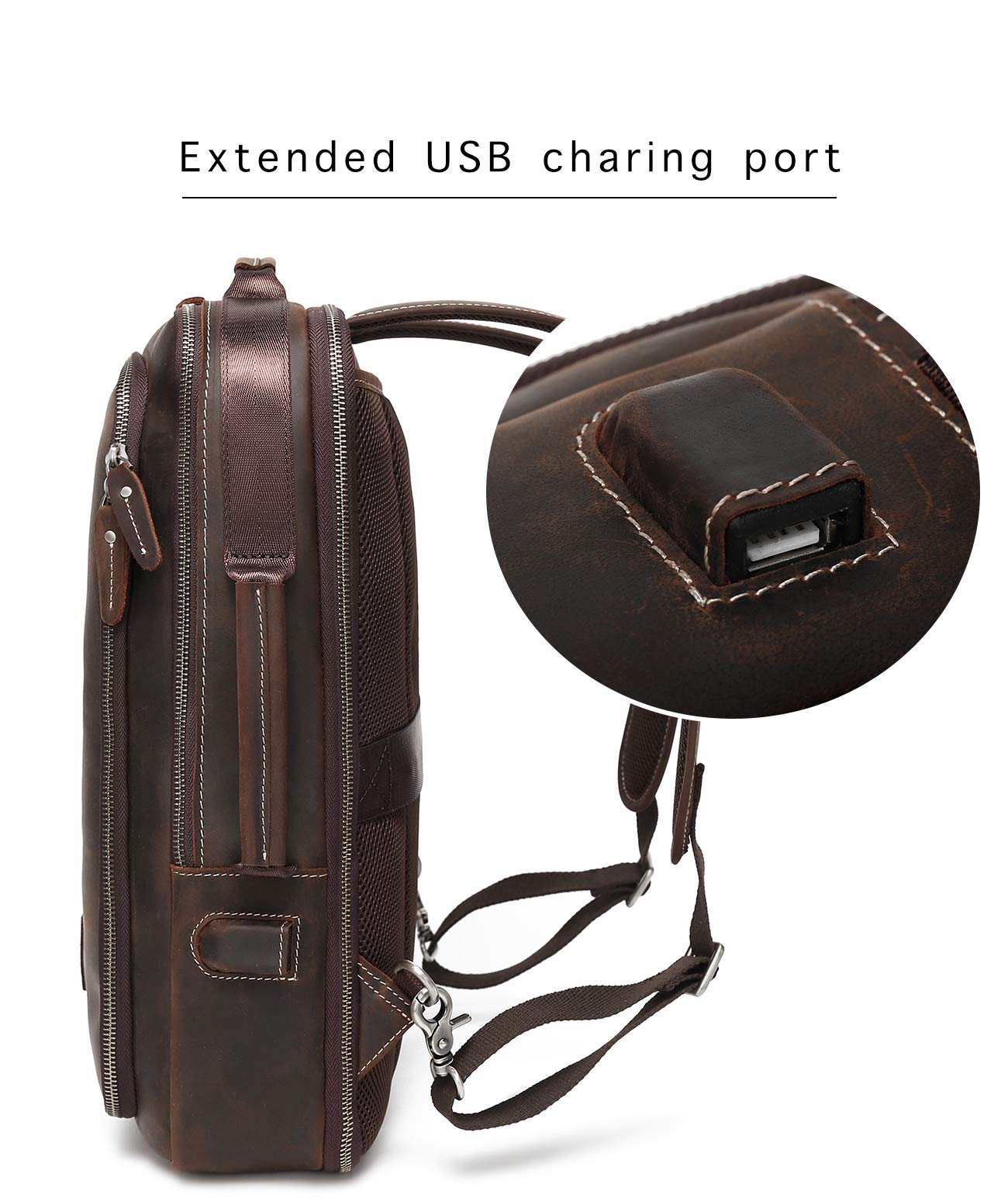 LANNSYNE Men's Full Grain Leather Expandable 15.6 Laptop Backpack Tote Shoulder Travel Bag Rucksack