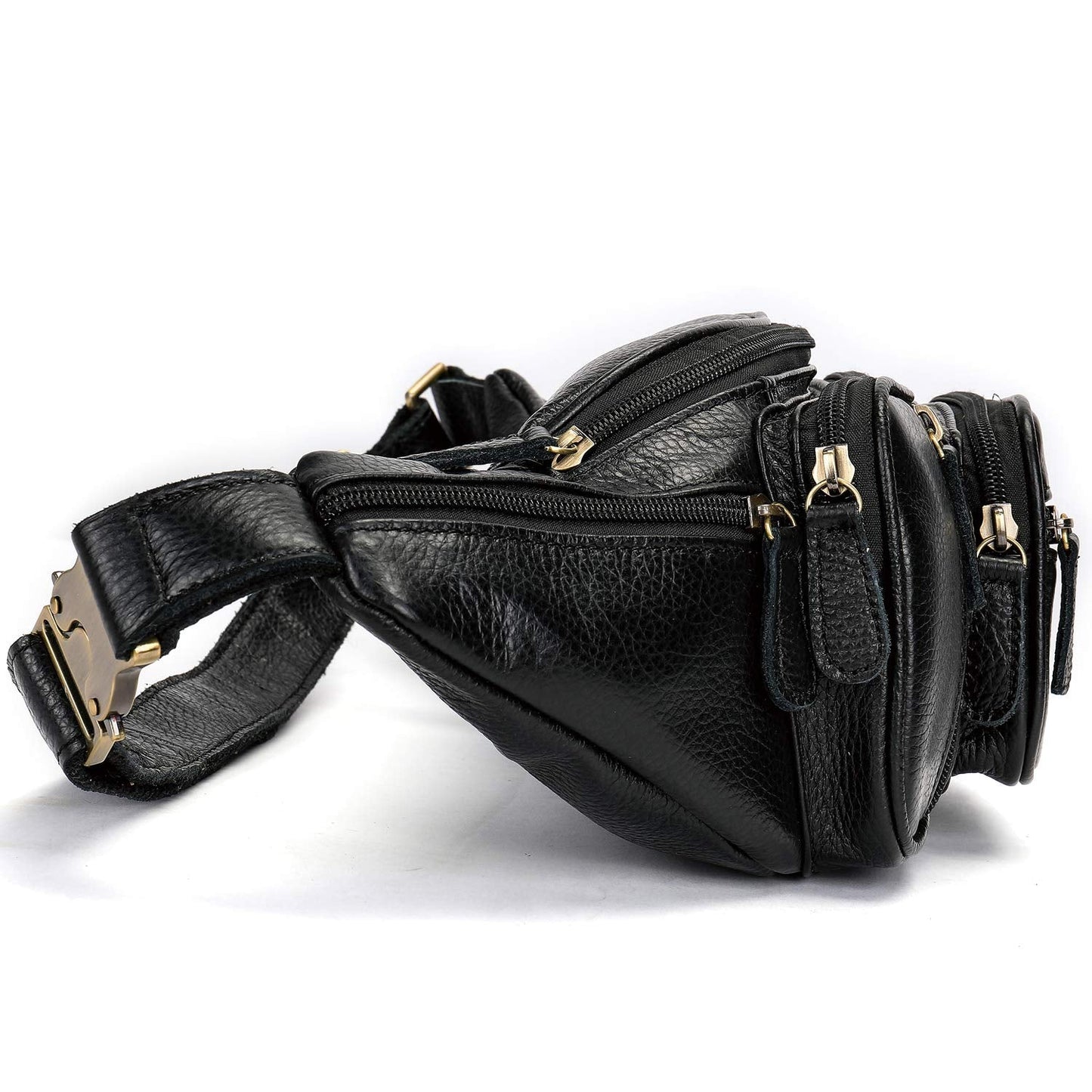 Genuine Leather Fanny Pack large capacity Crossbody Waist Bag with Zipper phone Pockets black