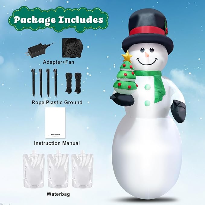8FT Christmas Snowman Inflatable Xmas Tree Blow Up Outdoor Christmas Decoration with LED Light for Indoor Outdoor Yard Garden Lawn Porch Xmas Holiday Party Favor Supplies Décor