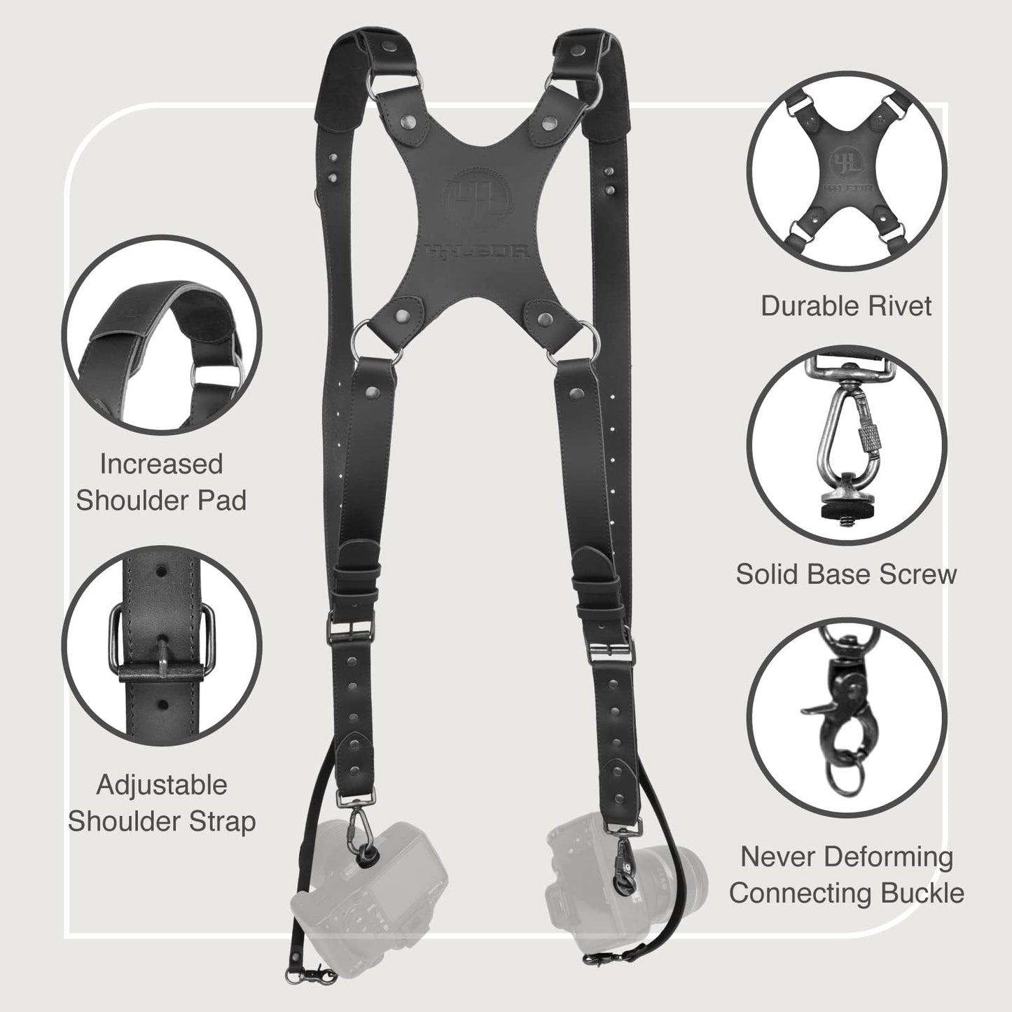 4J LEDR Camera Harness for 2 Cameras Dual Shoulder Leather Camera Strap for DSLR/SLR, Camera Straps for Photographers,Camera Accessories for Wedding,Hiking,Travel,Black