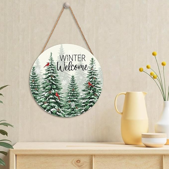 Winter Welcome Sign for Front Door Christmas Cardinal Bird Wood Door Hanger for Outdoor Outside Porch Snowflake Pine Trees Round Hanging Signs Holiday Decor for Home Wall Porch Yard 12"x12"