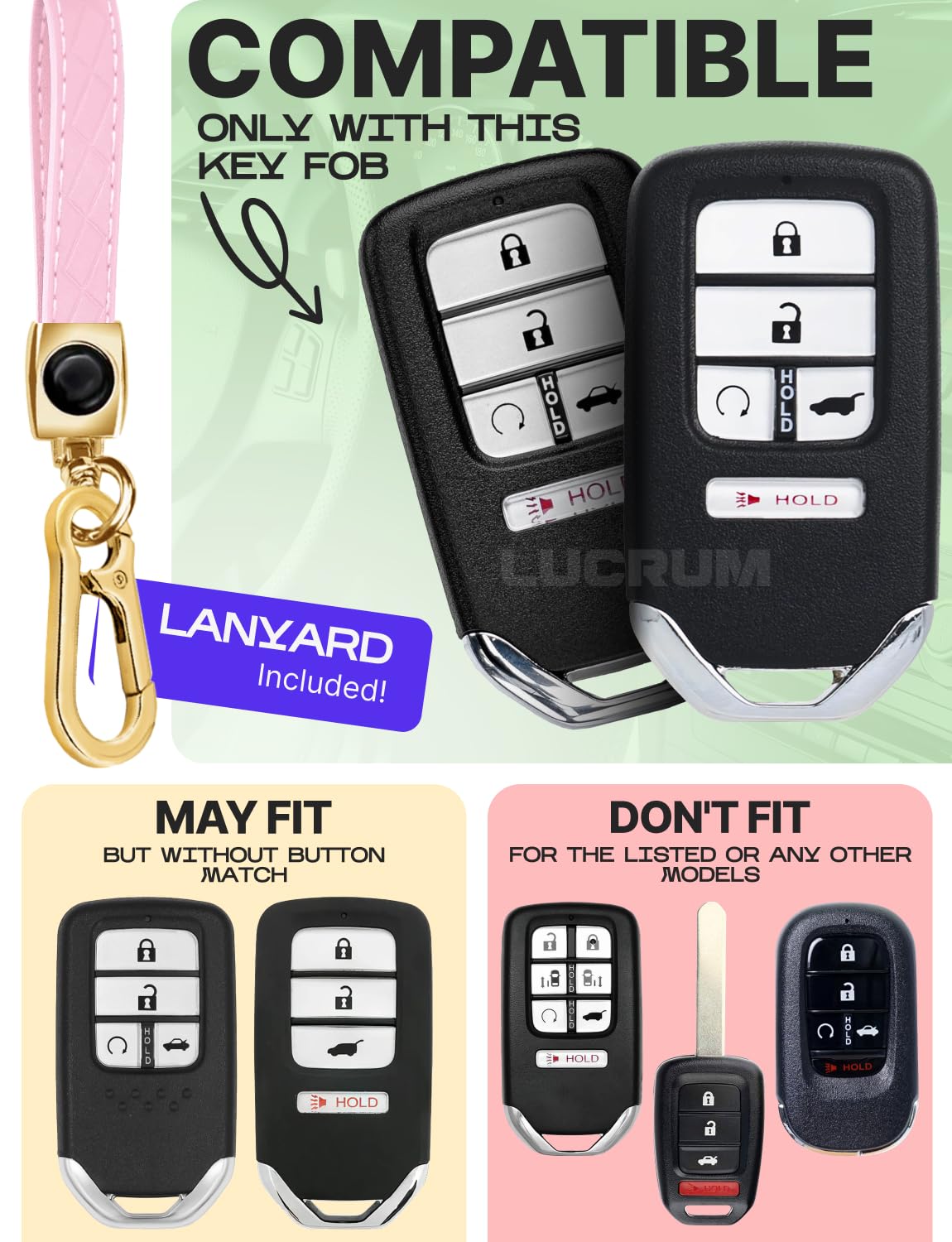 Lucrum Compatible with Honda Key Fob Cover & Leather Keychain - TPU Keyfob Case for Accord Civic CR-V HR-V Pilot Ridgeline Crosstour Fit, For 5 Button Remote (2015-2021) - Pink and Gold