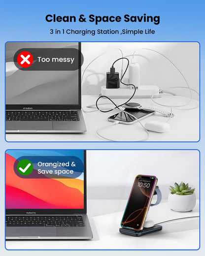 Wireless Charging Station for Apple - 3 in 1 Wireless Charger Stand Dock Watch and Phone Charger Station for Apple Watch 11/8/7/SE/6/5/4/3/2, iPhone 17 16-12 Pro Max SE XS X, Samsung, AirPods Pro/3/2