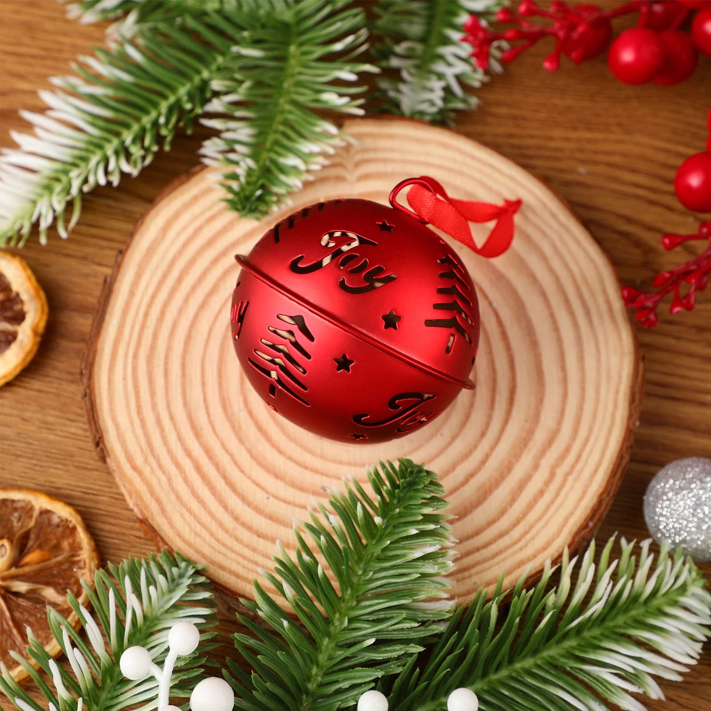 Hotop 6 Pieces Large Jingle Bell Christmas Joy Bell Metal Ornaments with Star Cutouts Sleigh Rustic Xmas Tree Wreath Garland Holiday Party DIY Decor(Red)
