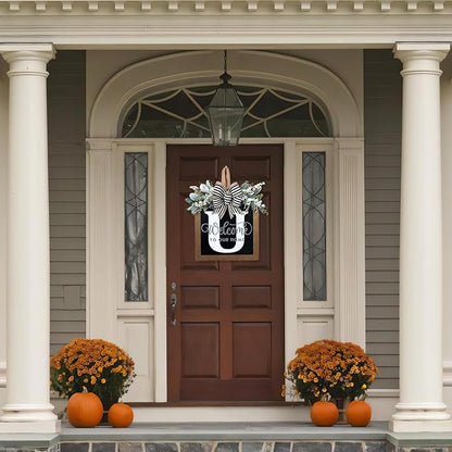 Ultra Large 14'' Last Name All Year Round Front Door Wreath with 26 Initial Letter Welcome Sign All Seasons Eucalyptus Garland and Bow Wreaths for Front Door Porch Farmhouse Decoration (U)