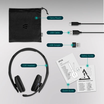 EPOS SENNHEISER C20 Bluetooth Headset with Microphone | Wireless Headphones with up to 27 Hours Battery Life BrainAdapt™ Technology,Black