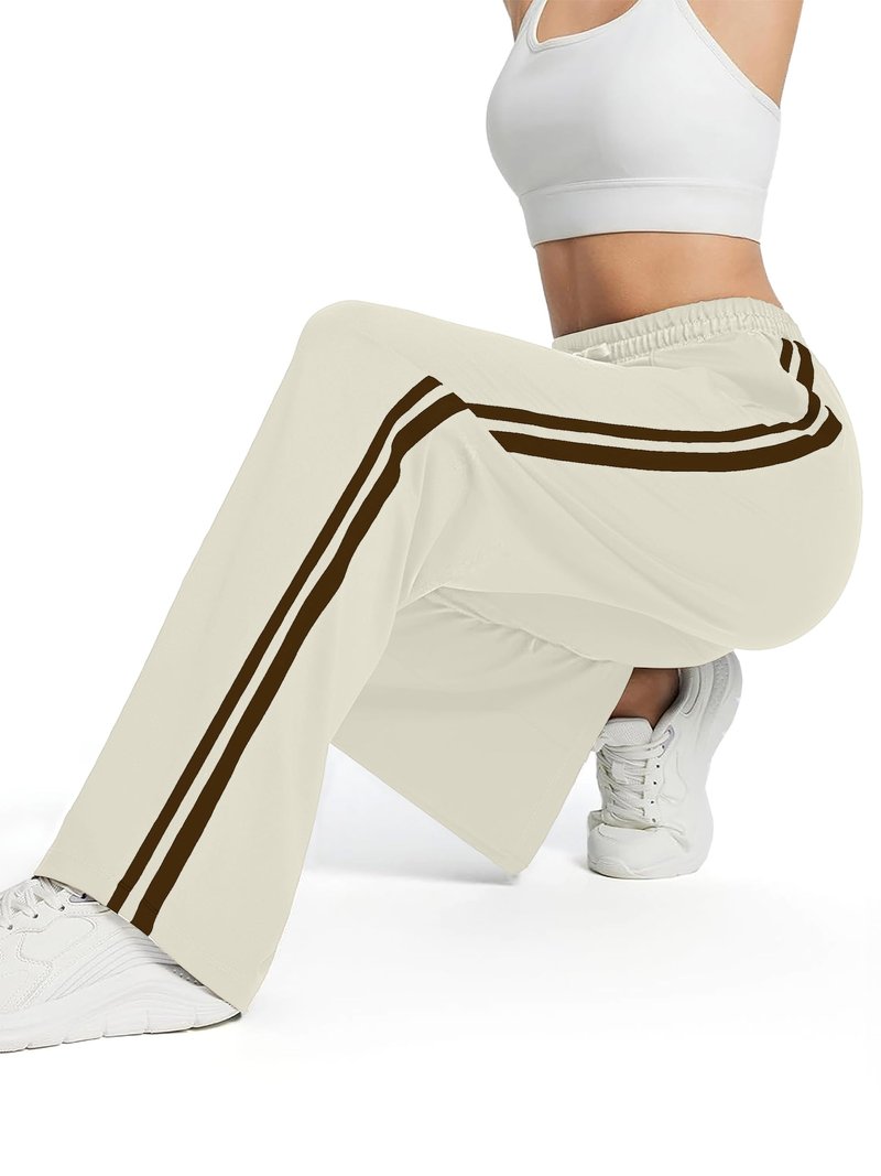 Tapata Regular Women's 30" Inseam Casual Pants Track Athletic Sweatpants Warm Up Loose Side Stripe Street Slacks, Beige, L