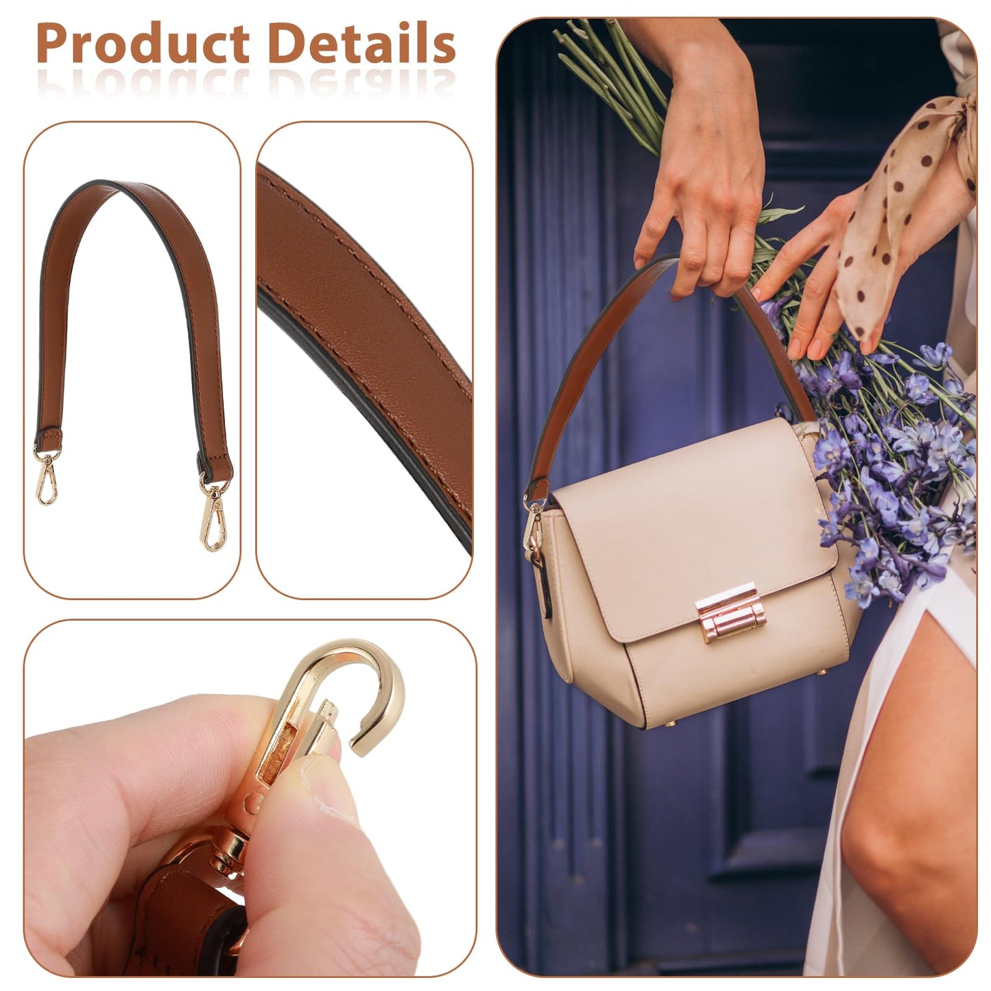 Prasacco Brown Leather Purse Strap Handle 19 Inch Bag Strap Replacement with Swivel Clasps, Short Style, Short Style, Please Confirm the Size Information